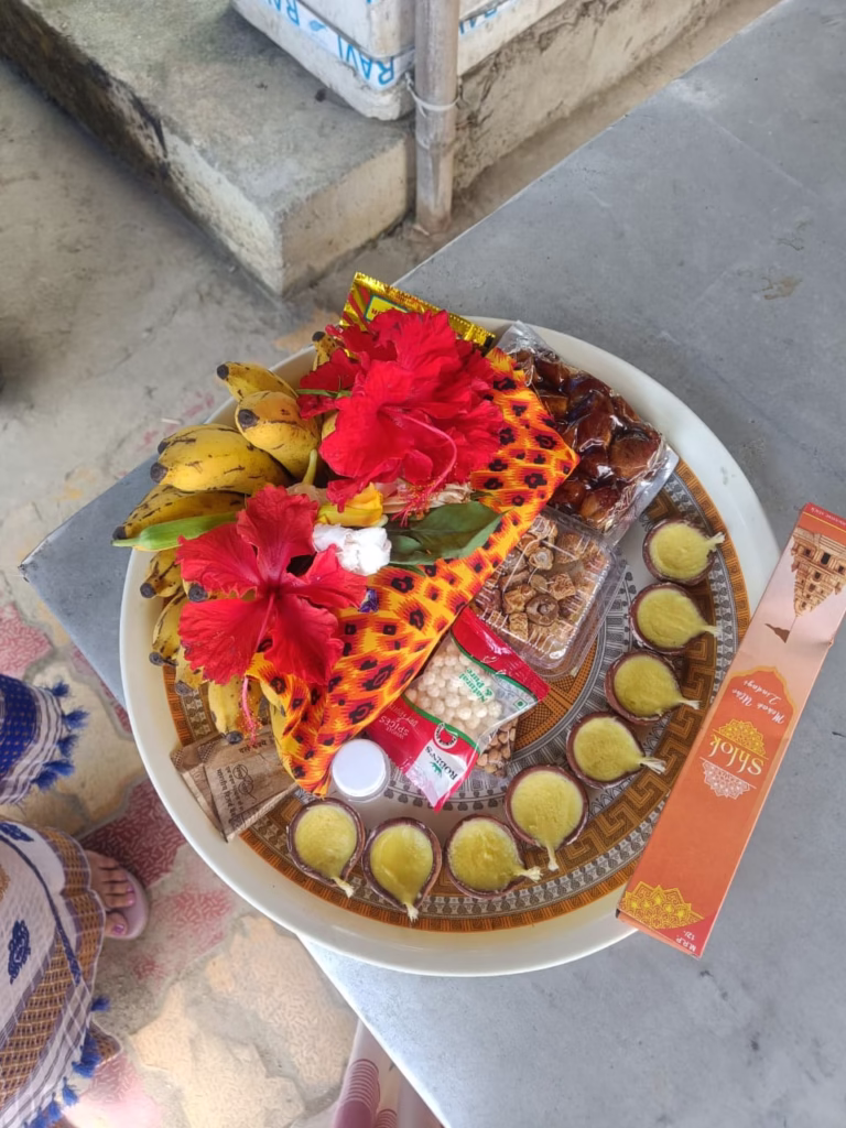 A puja thali prepared for Maha Mrityunjay Temple Prayers